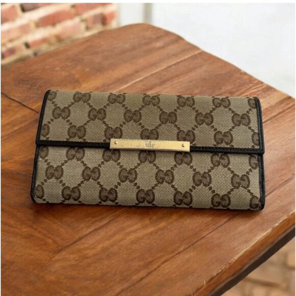 GUCCI Brown Leather Canvas Logo Long Wallet - Picture 1 of 10